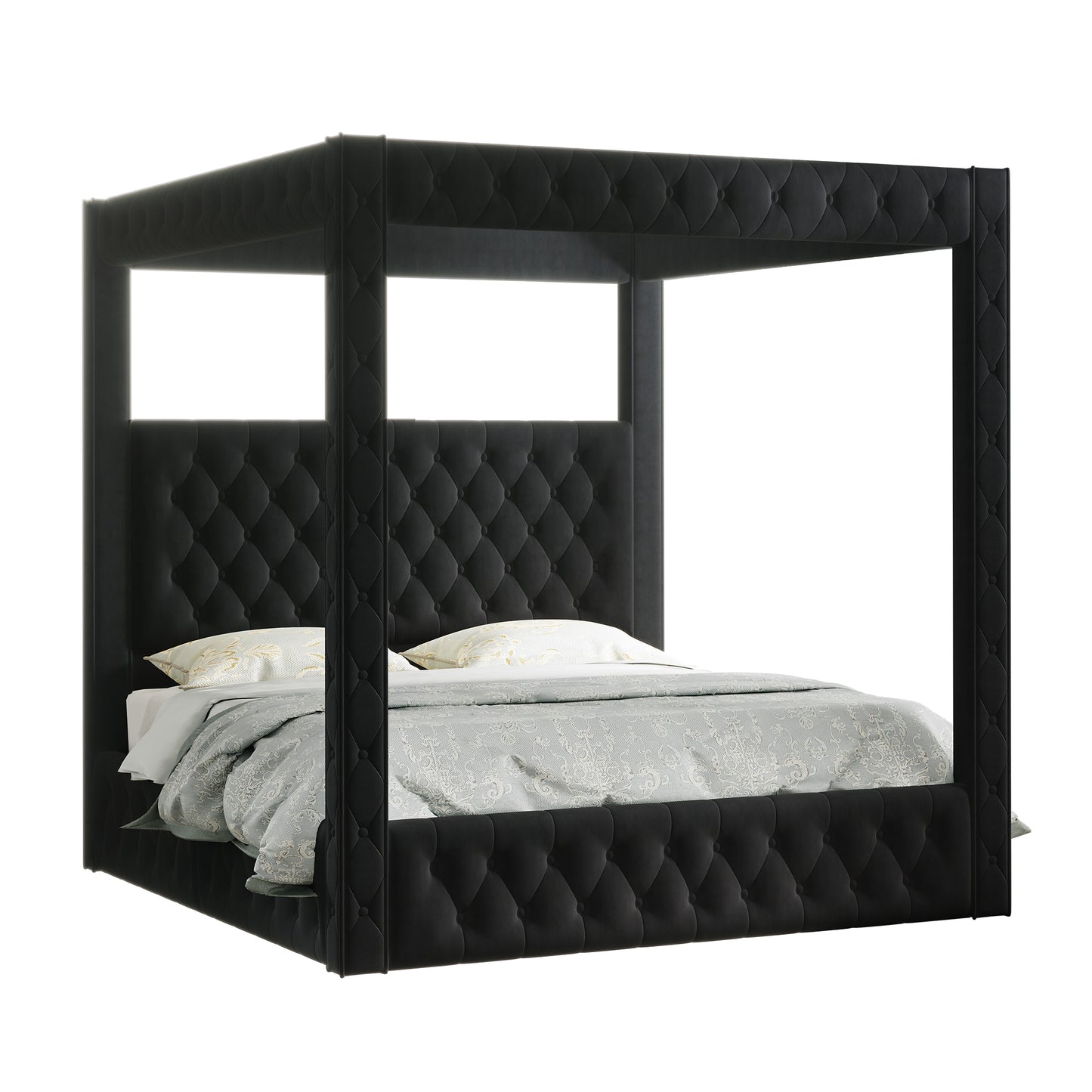 Jocisland Upholstered Canopy Bed Frame with 74.8" Tall Four Poster and Velvet Deep-Tufted Tall Headboard with Charging Station/Modern Luxury Style/No Box Spring Needed