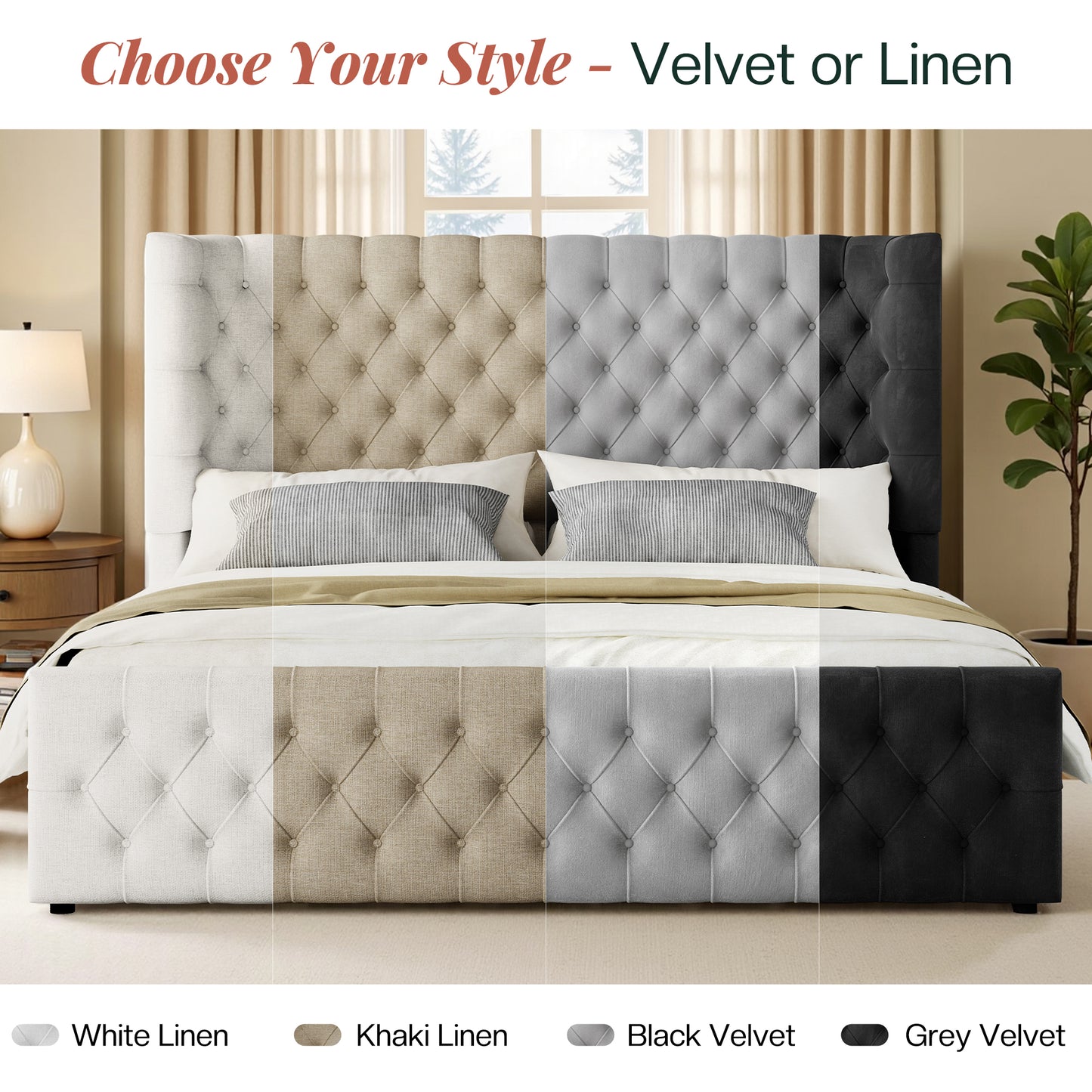 Jocisland Platform Bed Frame, 6.3" Thick Upholstered Curved Wingback Headboard and Footboard with Deep Button Tufted, Easy Assembly, No Box Spring Needed