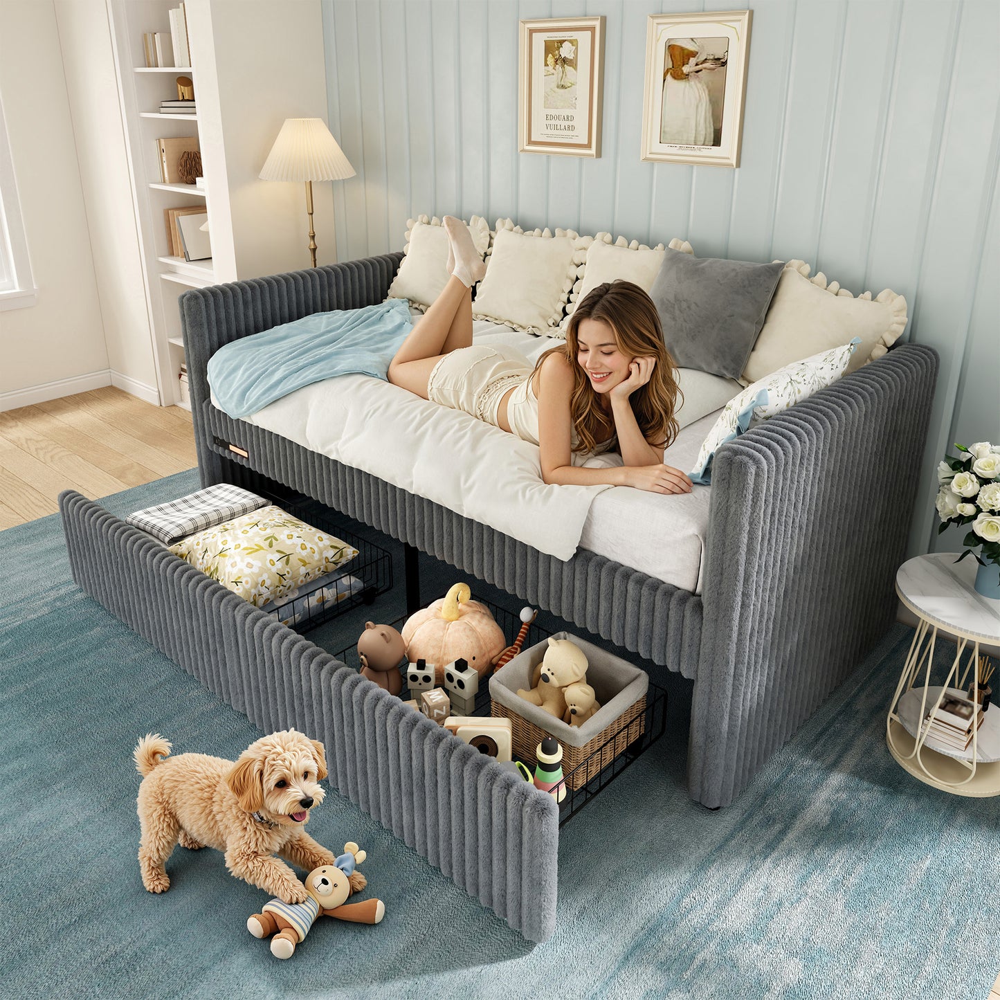 Jocisland Twin Size Corduroy Daybed with 2 Storage Drawers & Bedside Pockets, Upholstery Sofa Bed With Charging & Night Light, Easy Assembly, No Box Spring Needed, for Living Room, Bedroom
