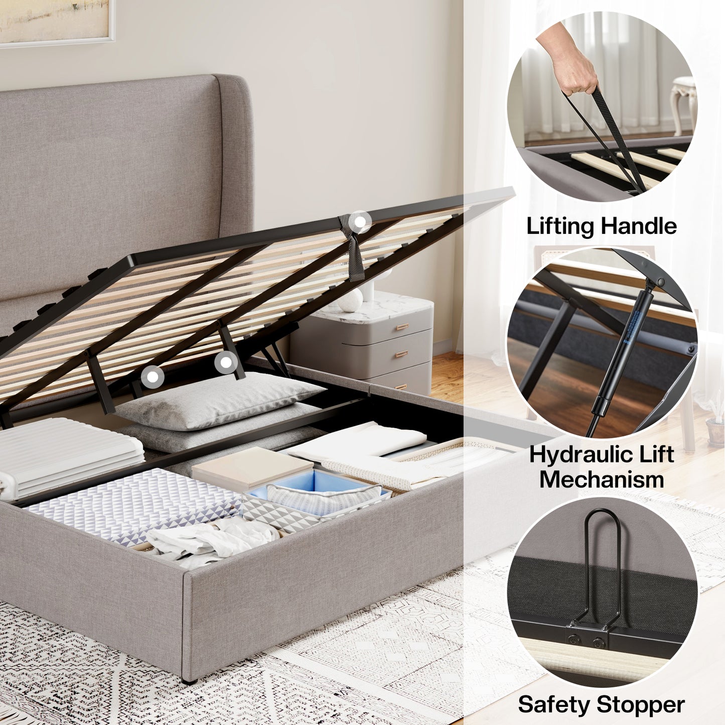 Jocisland Upholstered Platform Bed Frame with Hydraulic Lift Storage, Wingback Headboard, Wood Slats Support, No Box Spring Needed