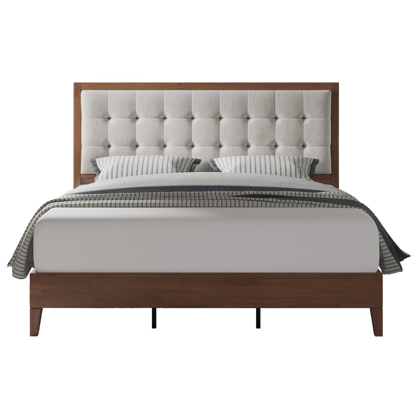 Jocisland Wood Queen Size Bed Frame,Tall Upholstered Tufted Headboard, Solid Wood Platform, No Box Spring Needed, Walnut