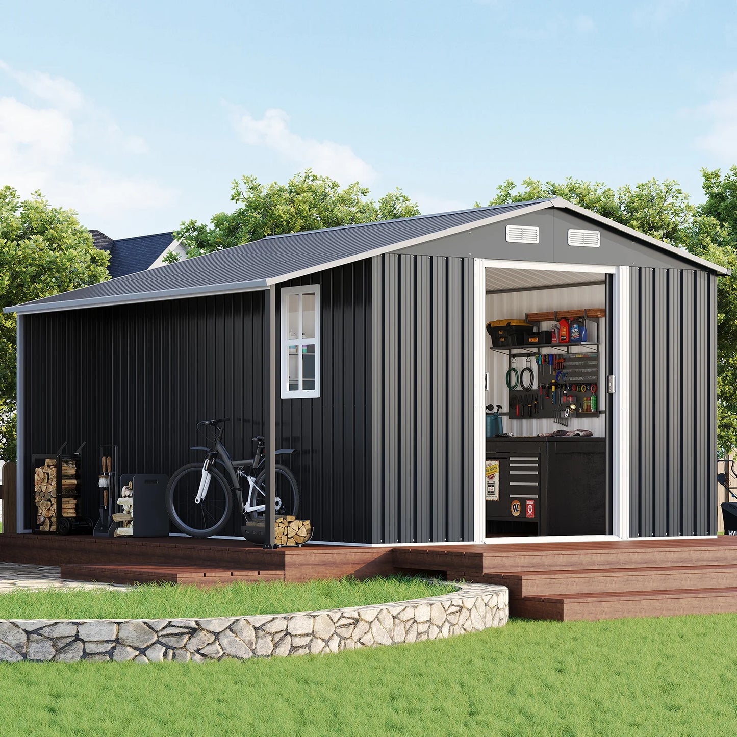 Jocisland 10x12x7 FT Galvanized Steel Storage Shed with 2 4-Pane Windows Hinged Double Doors, Outdoor Shed for Backyard, Garden, Garden, Dark Grey/White