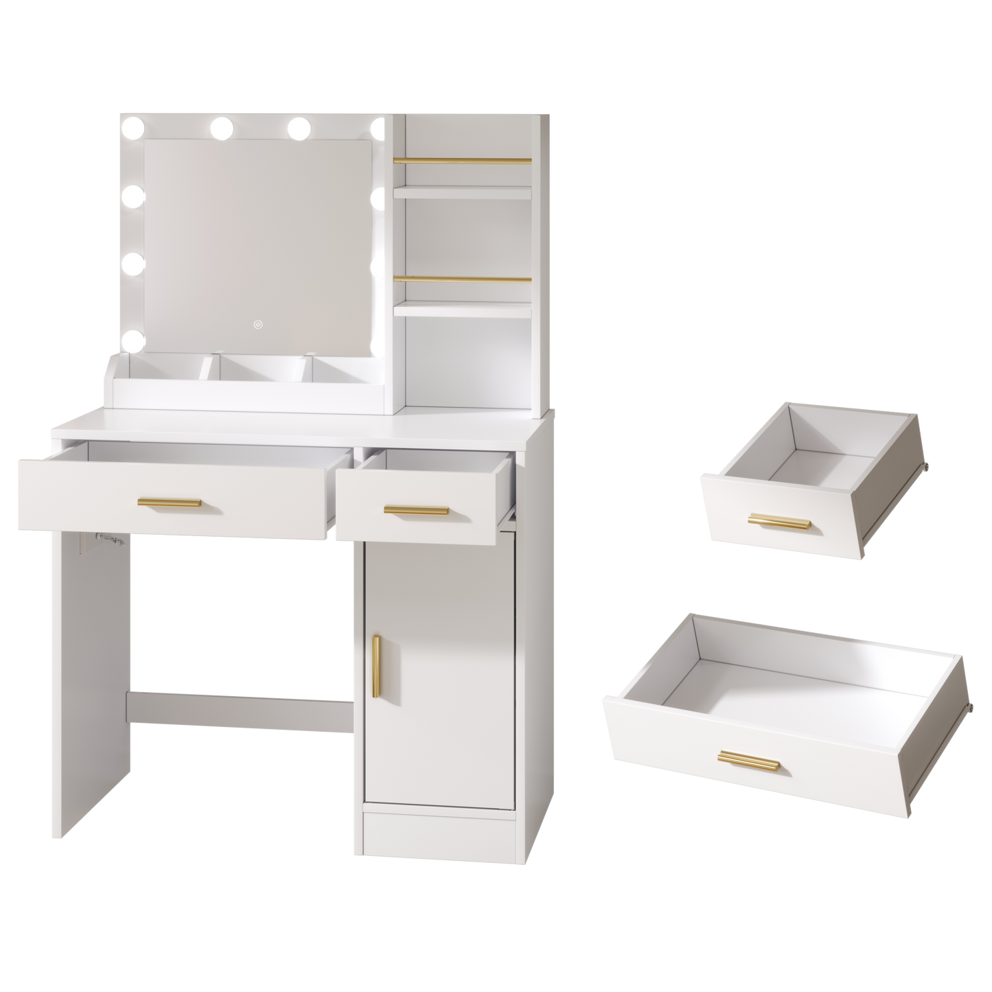 AMERLIFE 35.5" Make up Vanity Desk with Mirror and Lights, Vanity with Lights 3 Models Settings & Power Outlet, Vanity Desk with 2 Drawers, 1 Cabinets, Shelves, Makeup Vanity for Bedroom, White