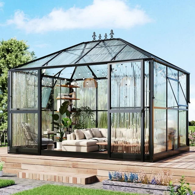 Jocisland 14x9.5x9 FT Pavilion Styled Greenhouse with Clear Panels Double Swing Doors, 6 FT Wall Height Hybrid Polycarbonate Greenhouse, Green Houses for Outdoors, Sunroom Black