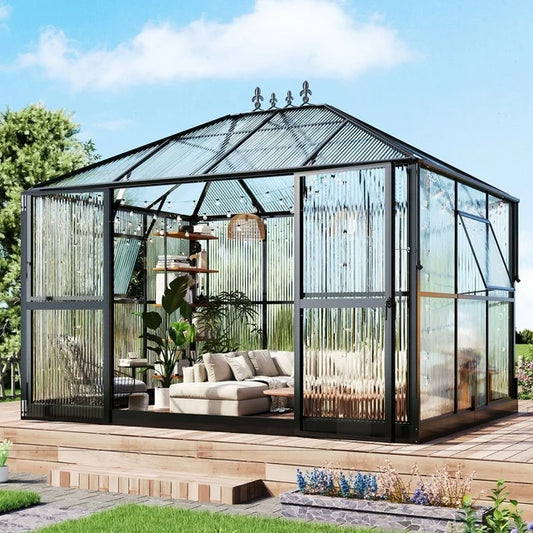 Jocisland 14x9.5x9 FT Pavilion Styled Greenhouse with Clear Panels Double Swing Doors, 6 FT Wall Height Hybrid Polycarbonate Greenhouse, Green Houses for Outdoors, Sunroom Black