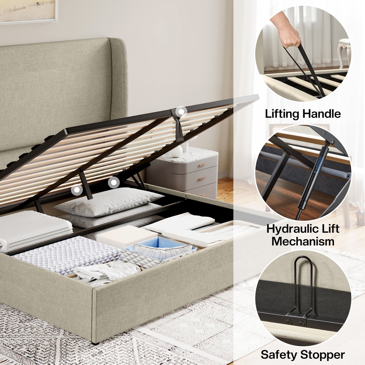 Jocisland Upholstered Platform Bed Frame with Hydraulic Lift Storage, Wingback Headboard, Wood Slats Support, No Box Spring Needed