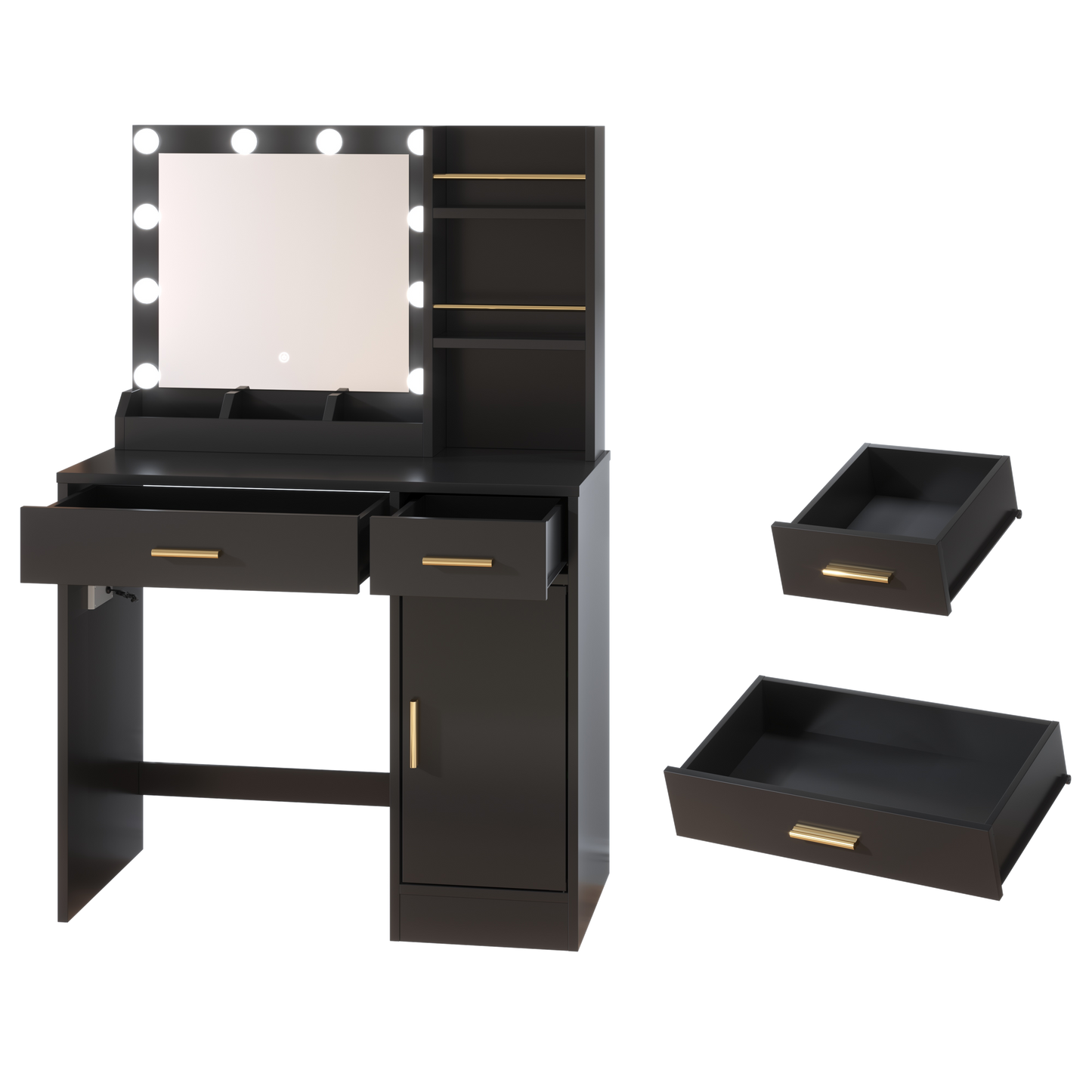 AMERLIFE 35.5" Make up Vanity Desk with Mirror and Lights, Vanity with Lights 3 Models Settings & Power Outlet, Vanity Desk with 2 Drawers, 1 Cabinets, Shelves, Makeup Vanity for Bedroom, White