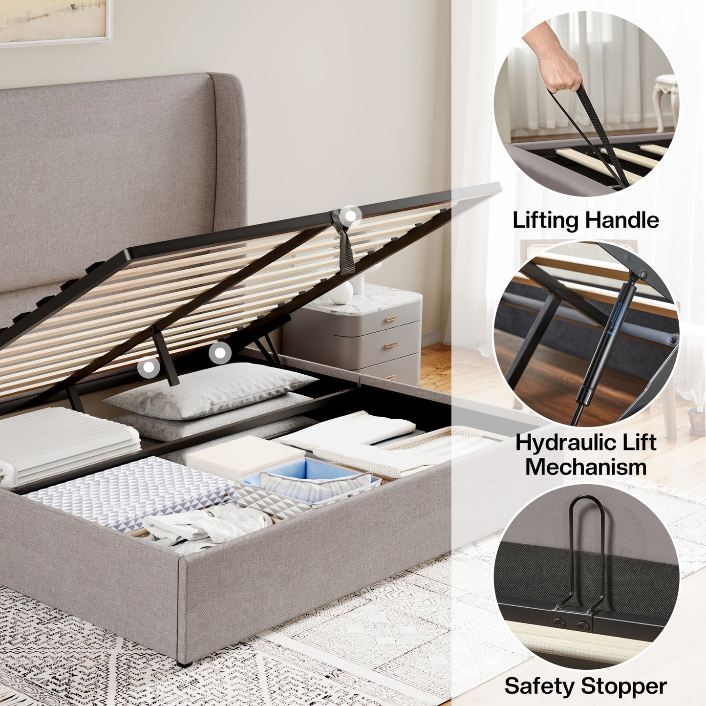 Jocisland Upholstered Platform Bed Frame with Hydraulic Lift Storage, Wingback Headboard, Wood Slats Support, No Box Spring Needed