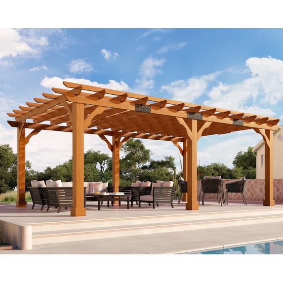 PLAUIN 12x20 feet Premium Cedar Wood Pergola with Trellis Roof & Weather-Resistant Support, Outdoor Pergola Kit with Stakes, for Patio, Reddish-Brown