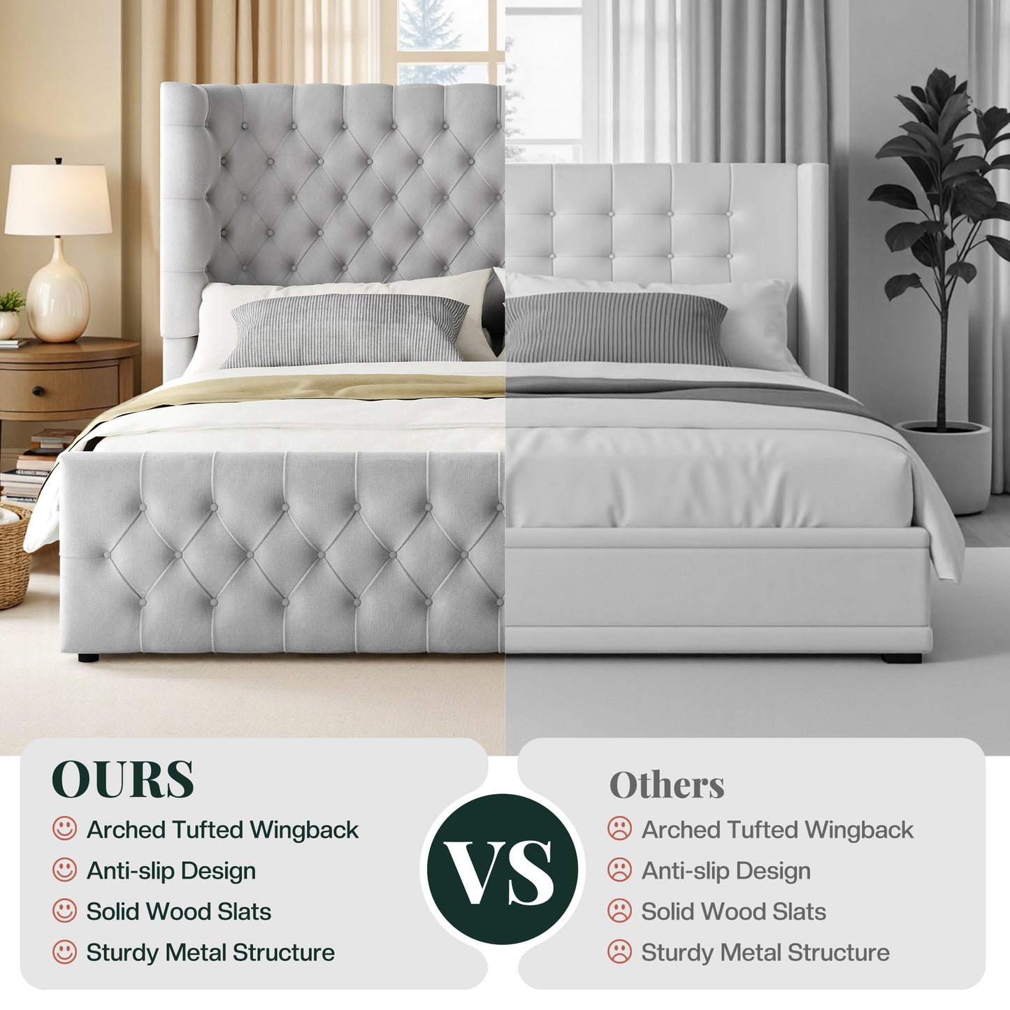 Jocisland Platform Bed Frame, 6.3" Thick Upholstered Curved Wingback Headboard and Footboard with Deep Button Tufted, Easy Assembly, No Box Spring Needed