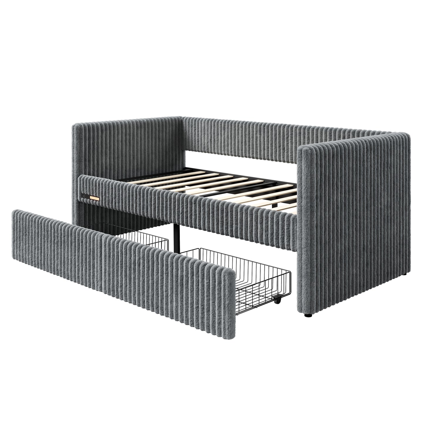 Jocisland Twin Size Corduroy Daybed with 2 Storage Drawers & Bedside Pockets, Upholstery Sofa Bed With Charging & Night Light, Easy Assembly, No Box Spring Needed, for Living Room, Bedroom