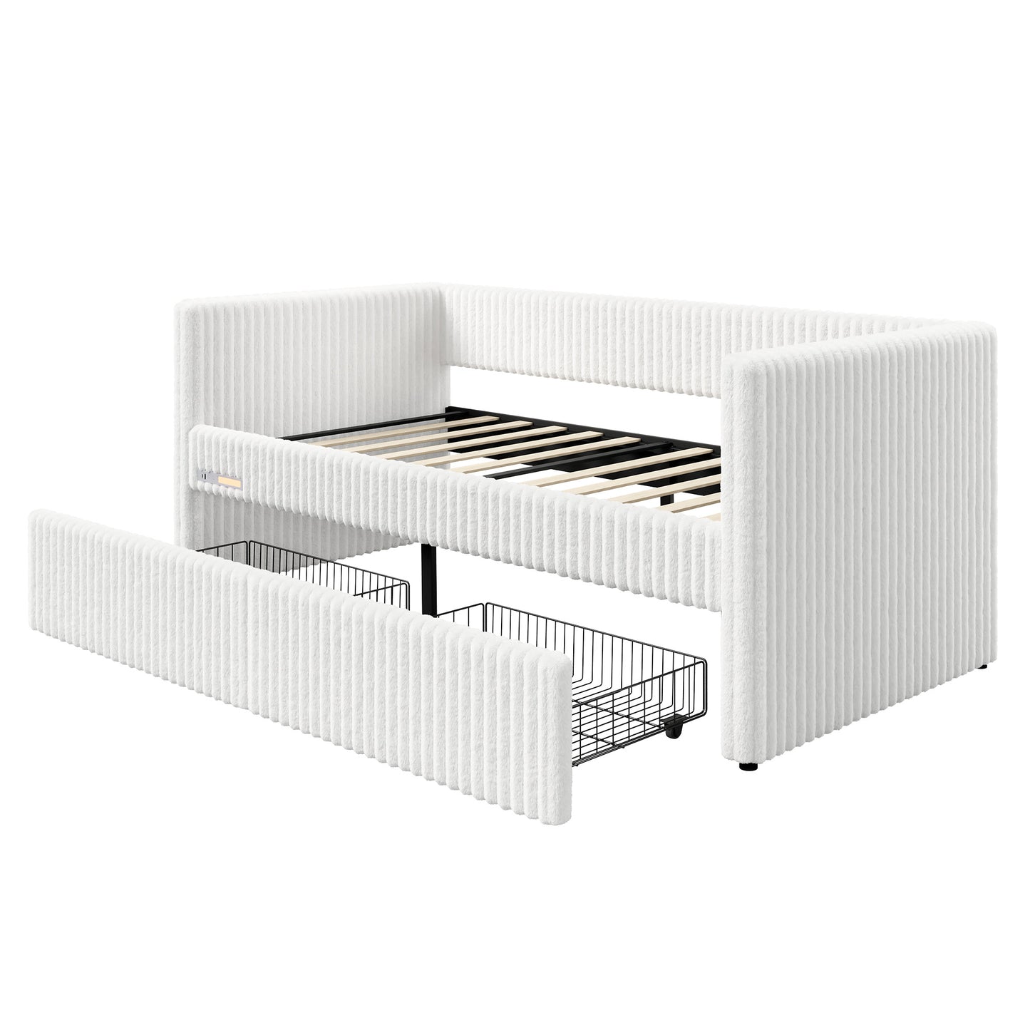 Jocisland Twin Size Corduroy Daybed with 2 Storage Drawers & Bedside Pockets, Upholstery Sofa Bed With Charging & Night Light, Easy Assembly, No Box Spring Needed, for Living Room, Bedroom
