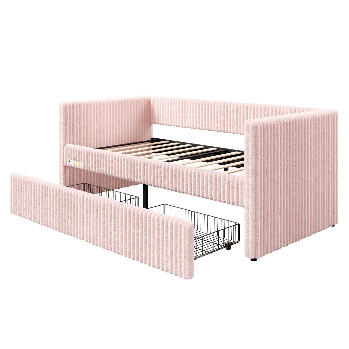 Jocisland Twin Size Corduroy Daybed with 2 Storage Drawers & Bedside Pockets, Upholstery Sofa Bed With Charging & Night Light, Easy Assembly, No Box Spring Needed, for Living Room, Bedroom