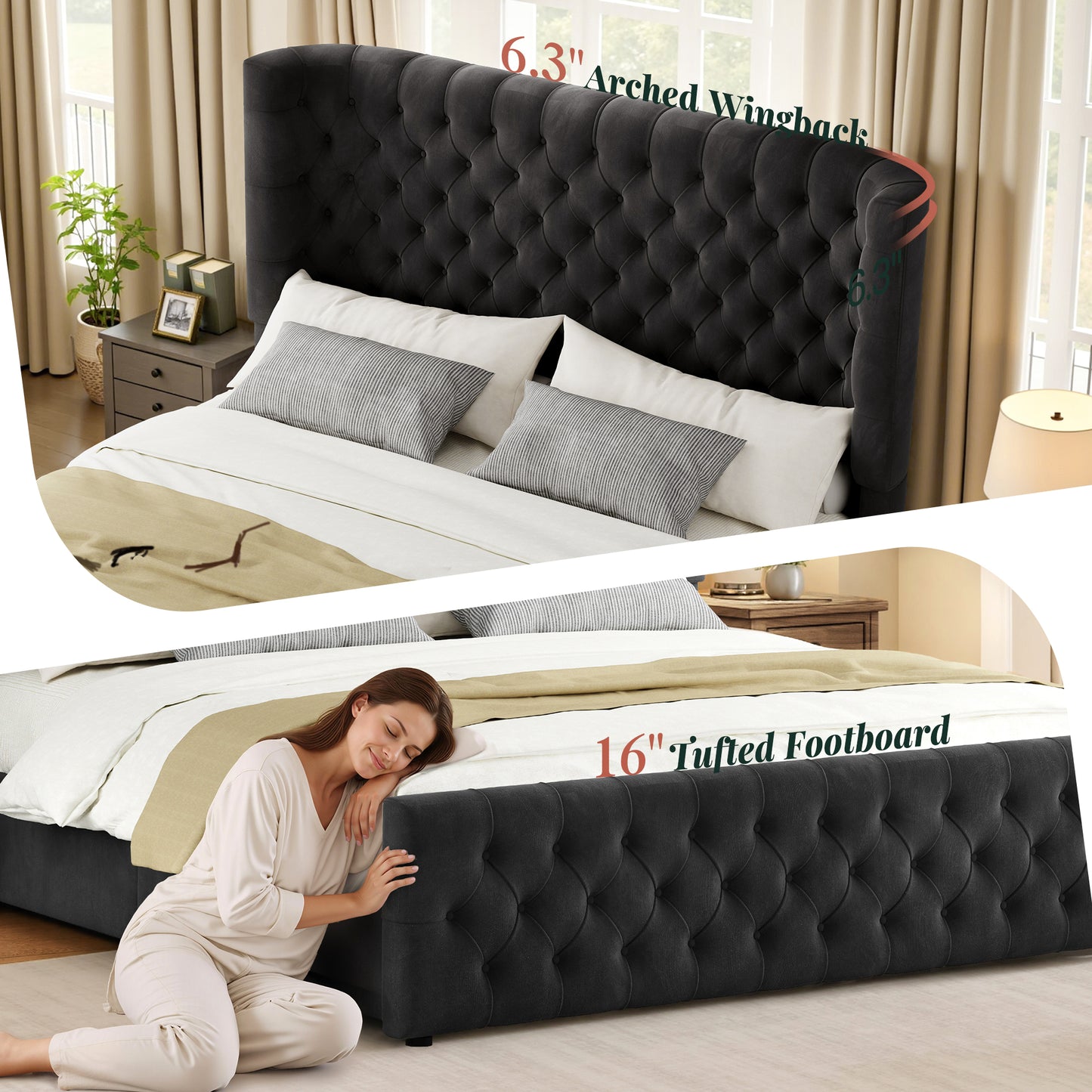 Jocisland Platform Bed Frame, 6.3" Thick Upholstered Curved Wingback Headboard and Footboard with Deep Button Tufted, Easy Assembly, No Box Spring Needed