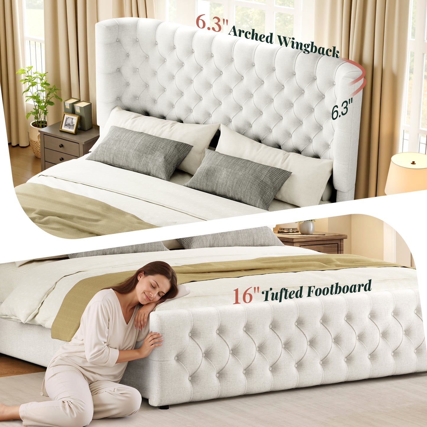 Jocisland Platform Bed Frame, 6.3" Thick Upholstered Curved Wingback Headboard and Footboard with Deep Button Tufted, Easy Assembly, No Box Spring Needed