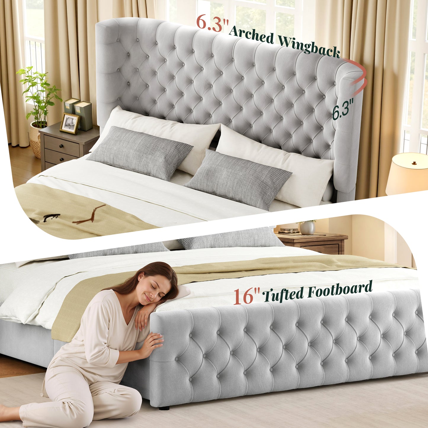 Jocisland Platform Bed Frame, 6.3" Thick Upholstered Curved Wingback Headboard and Footboard with Deep Button Tufted, Easy Assembly, No Box Spring Needed