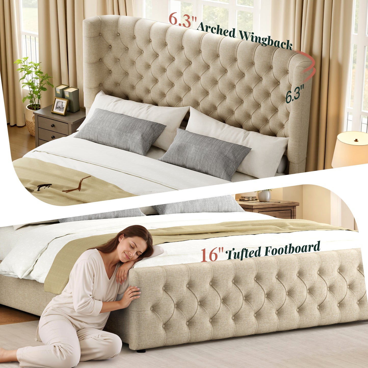 Jocisland Platform Bed Frame, 6.3" Thick Upholstered Curved Wingback Headboard and Footboard with Deep Button Tufted, Easy Assembly, No Box Spring Needed