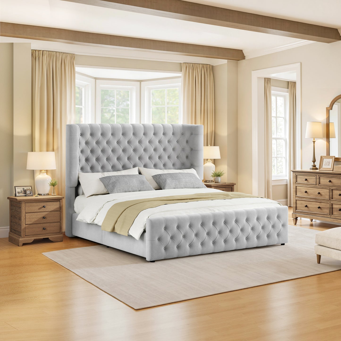 Jocisland Platform Bed Frame, 6.3" Thick Upholstered Curved Wingback Headboard and Footboard with Deep Button Tufted, Easy Assembly, No Box Spring Needed