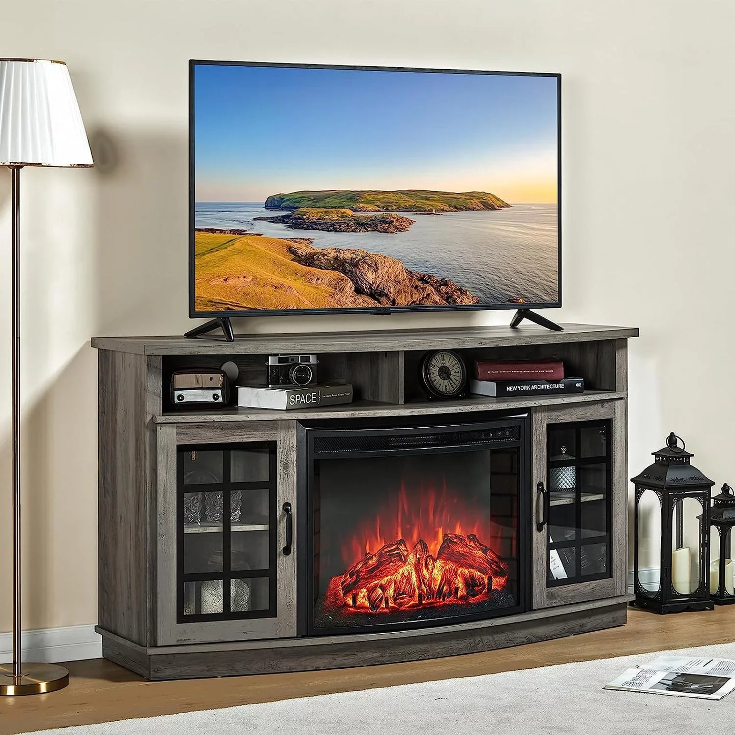 TV Stand with 26" Fireplace, 63" Entertainment Center with Fireplace, Wash Gray