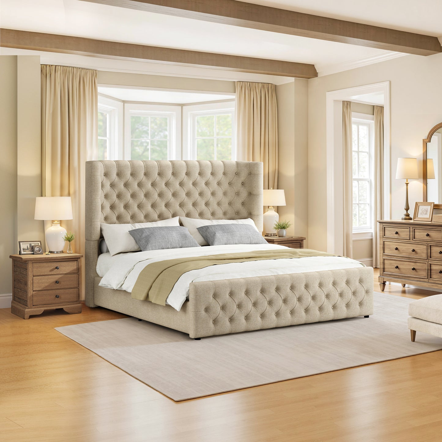Jocisland Platform Bed Frame, 6.3" Thick Upholstered Curved Wingback Headboard and Footboard with Deep Button Tufted, Easy Assembly, No Box Spring Needed
