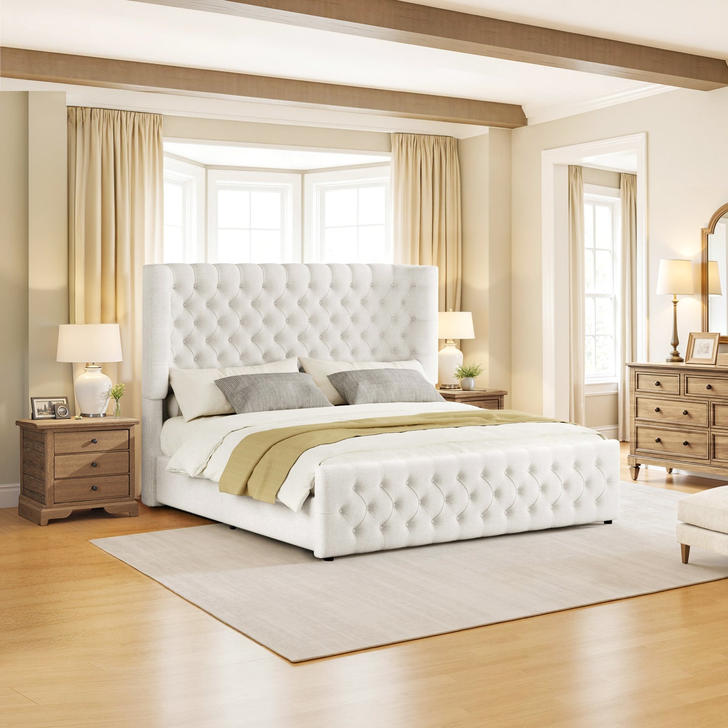 Jocisland Platform Bed Frame, 6.3" Thick Upholstered Curved Wingback Headboard and Footboard with Deep Button Tufted, Easy Assembly, No Box Spring Needed