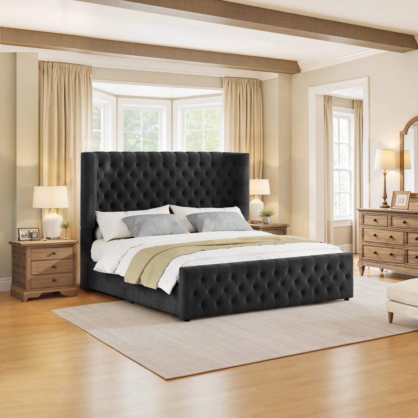 Jocisland Platform Bed Frame, 6.3" Thick Upholstered Curved Wingback Headboard and Footboard with Deep Button Tufted, Easy Assembly, No Box Spring Needed
