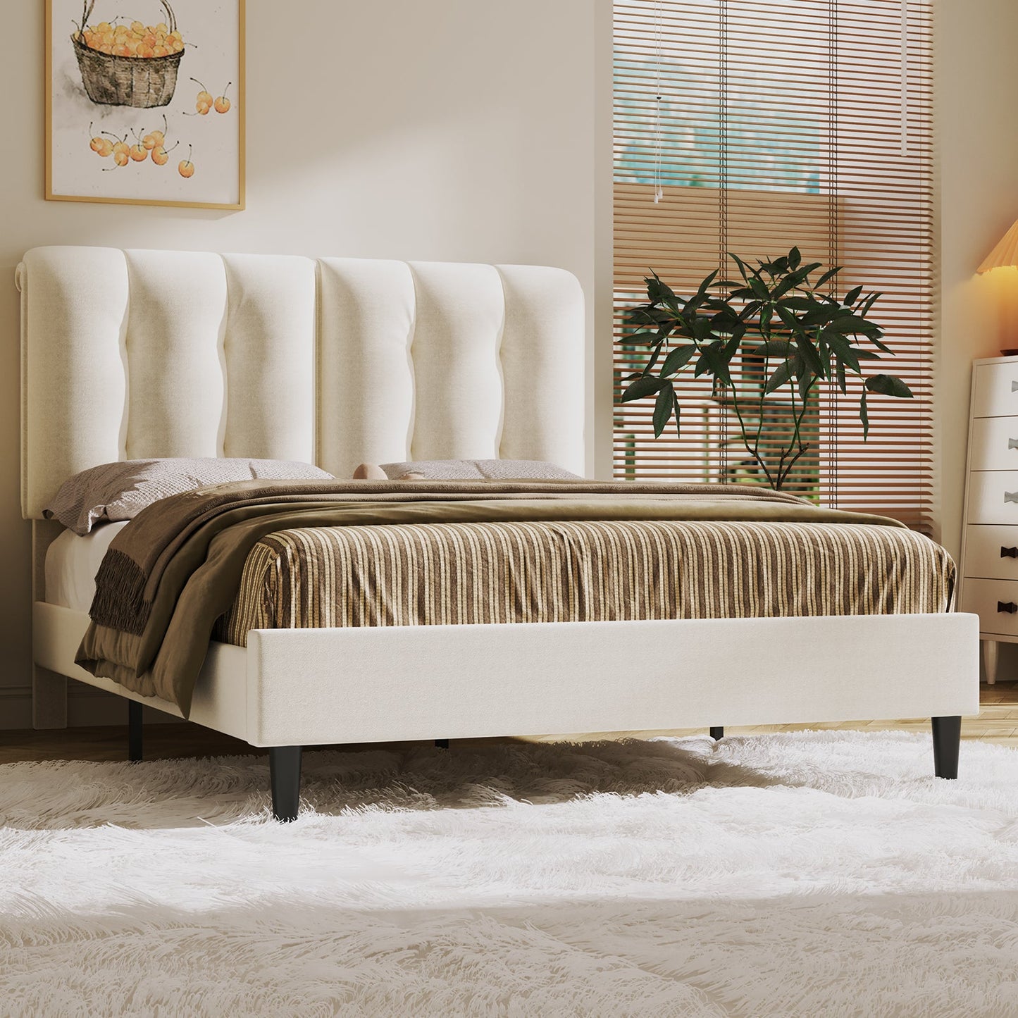 Velvet Upholstered Bed Frame, Adjustable Headboard, Wood Slat Support