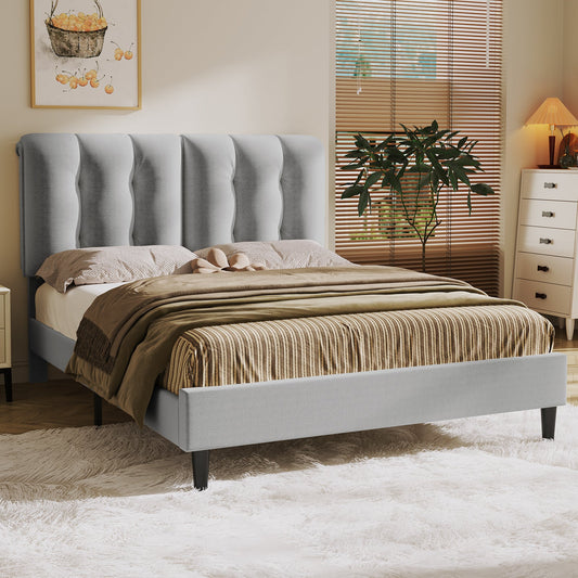 Velvet Upholstered Bed Frame, Adjustable Headboard, Wood Slat Support