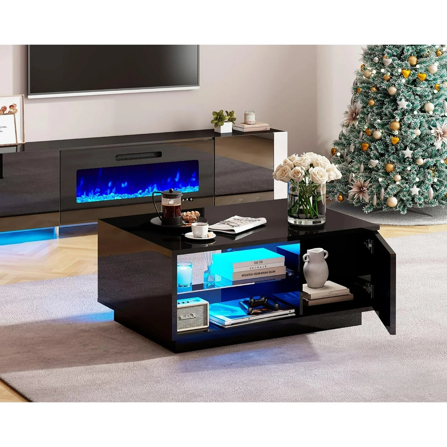 LED Coffee Table with 20-Color Light for Bedroom, Black