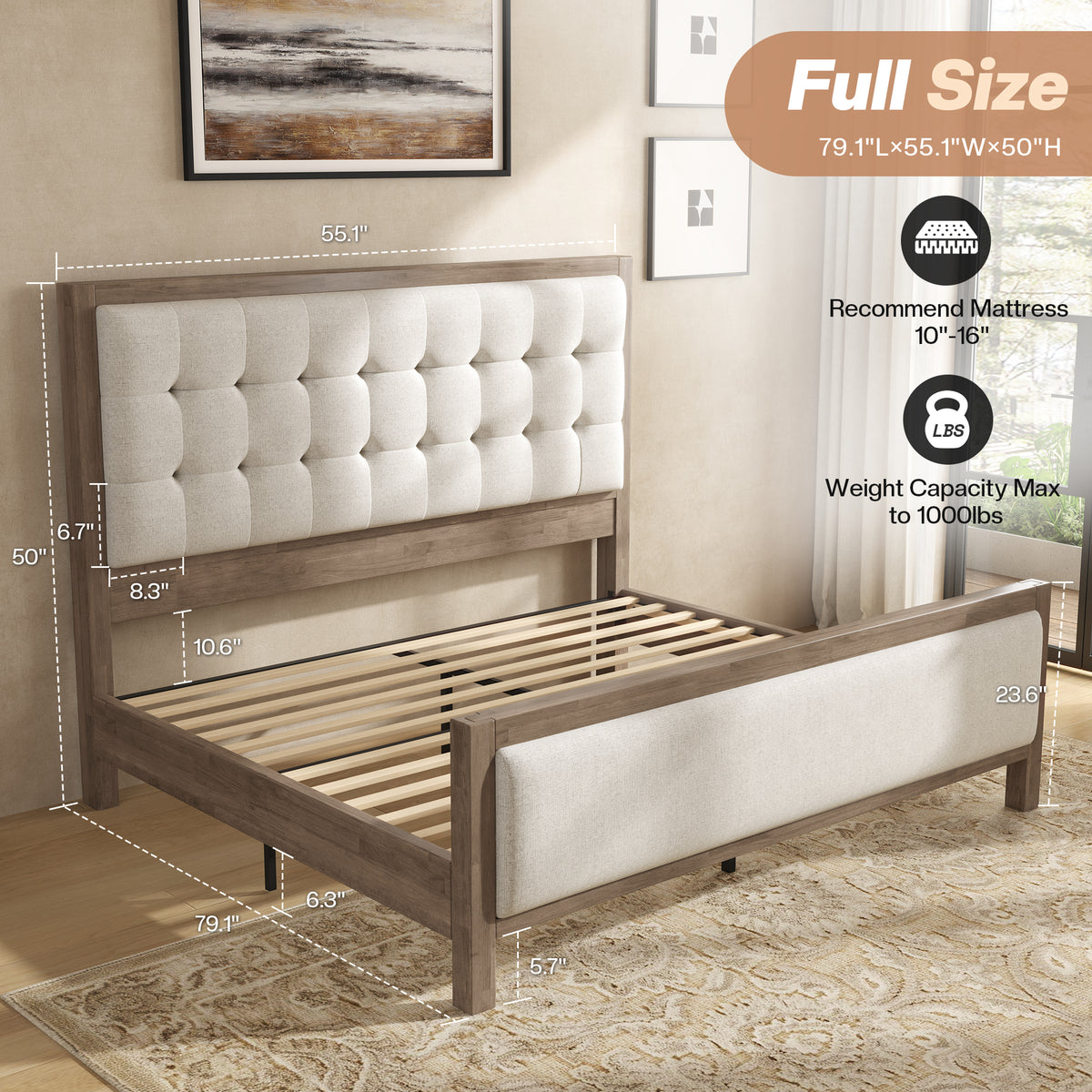 Jocisland Solid Wood Bed Frame 50" Tall Headboard&Footboard | Linen Upholstered Headboard，Mid-Century Modern Style，Noise-Free Sleep，No Box Spring Needed，Easy Assembly 45mins