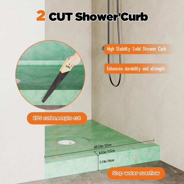 Jocisland Shower Curb Kit with Complete Shower Kit- Tray, Curb, Membrane, Seals, Bonding Flange, Corners, Trowel & Level, 48" x 48" Tray, Center Outlet Position