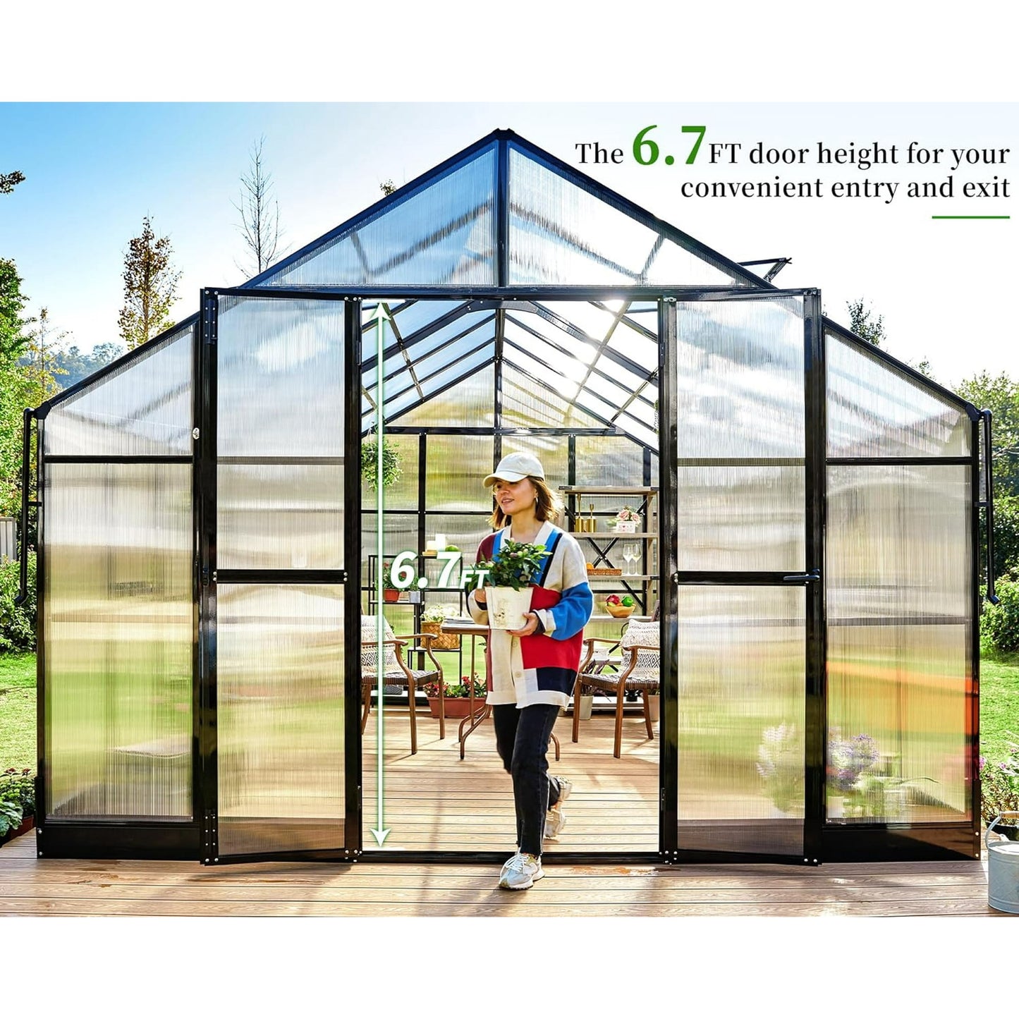 Jocisland 12x13.5x9 ft Polycarbonate Greenhouse with Quick-Connect Fittings for Outdoors, 875 ft² Net Space, Aluminum Frame, Double Doors, Black