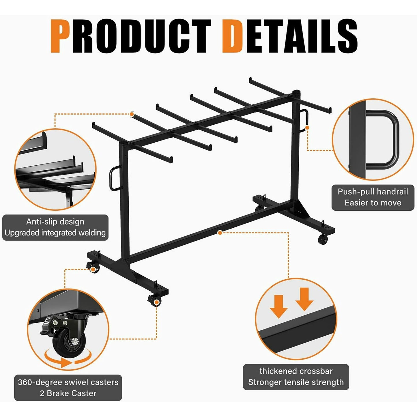 Jocisland Folding Chair Rack 12 Tables or 42 Chairs Storage 550 LBS Capacity Heavy-duty Folding Chair Cart With Wheels, 2 Elastic Cords, Cover, Black
