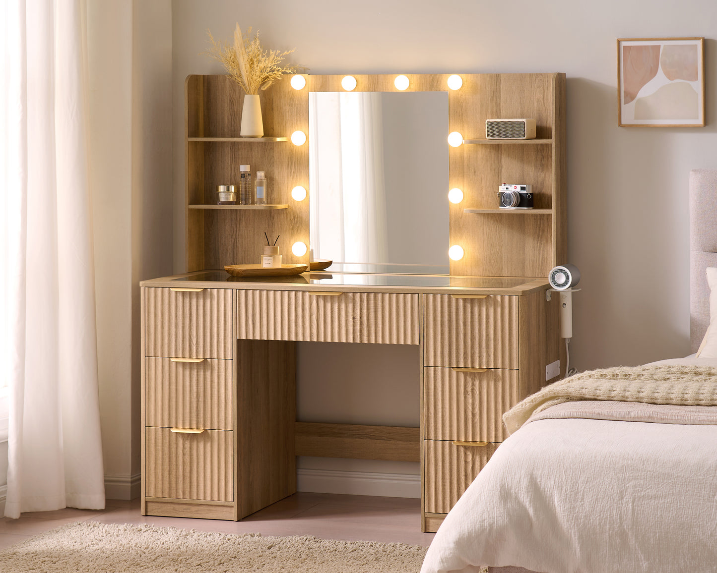 Merluxy Fluted Vanity Desk with Mirror and Adjustable LED Lights, 4 Drawers Makeup Table with Glass Top and Charging Station
