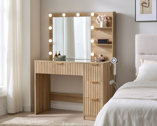 Merluxy Fluted Vanity Desk with Mirror and Adjustable LED Lights, 4 Drawers Makeup Table with Glass Top and Charging Station