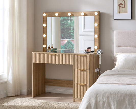 Merluxy Fluted Vanity Desk with Large Mirror and Adjustable LED Lights, 4 Drawers Makeup Table with Glass Top and Charging Station