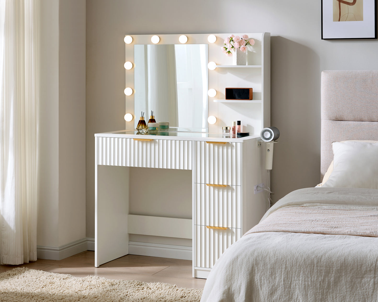 Merluxy Fluted Vanity Desk with Mirror and Adjustable LED Lights, 4 Drawers Makeup Table with Glass Top and Charging Station