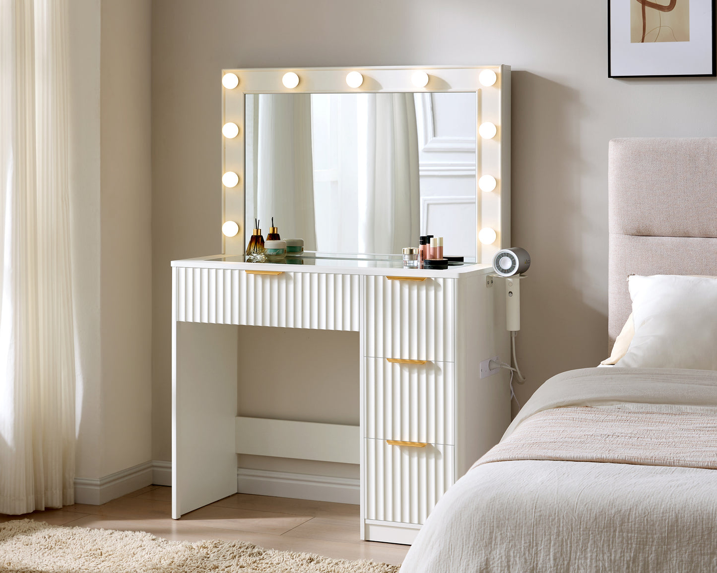 Merluxy Fluted Vanity Desk with Large Mirror and Adjustable LED Lights, 4 Drawers Makeup Table with Glass Top and Charging Station
