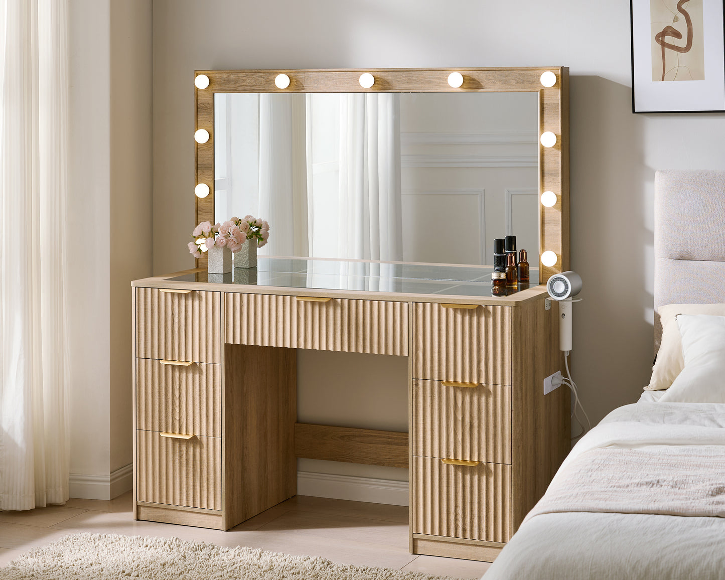 Merluxy Fluted Vanity Desk with Large Mirror and Adjustable LED Lights, 4 Drawers Makeup Table with Glass Top and Charging Station