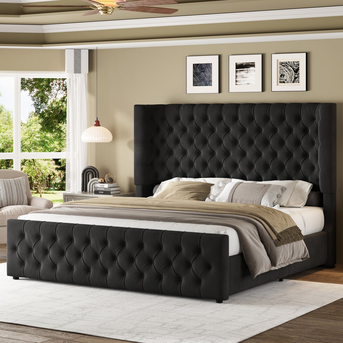 Jocisland Platform Bed Frame, 6.3" Thick Upholstered Curved Wingback Headboard and Footboard with Deep Button Tufted, Easy Assembly, No Box Spring Needed