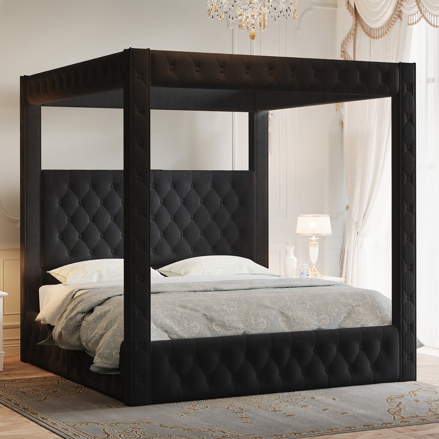 Jocisland Upholstered Canopy Bed Frame with 74.8" Tall Four Poster and Velvet Deep-Tufted Tall Headboard with Charging Station/Modern Luxury Style/No Box Spring Needed