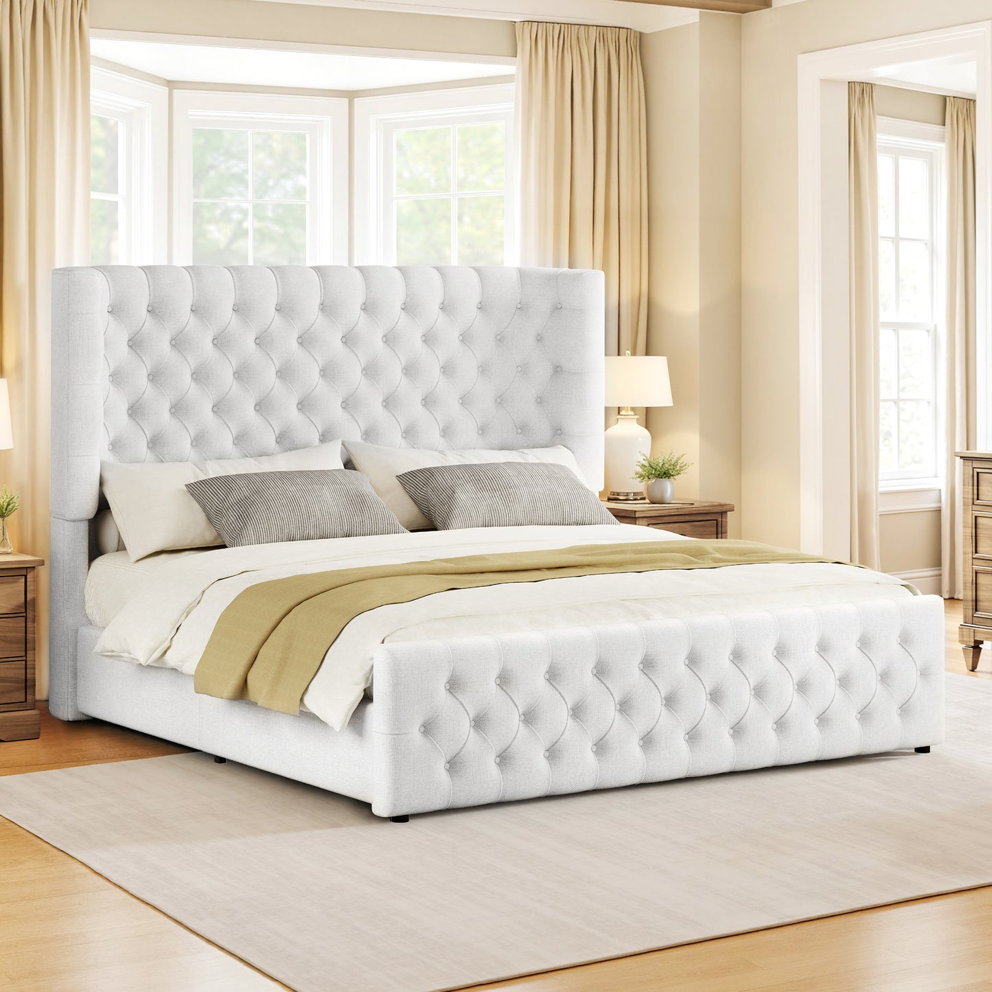 Jocisland Platform Bed Frame, 6.3" Thick Upholstered Curved Wingback Headboard and Footboard with Deep Button Tufted, Easy Assembly, No Box Spring Needed
