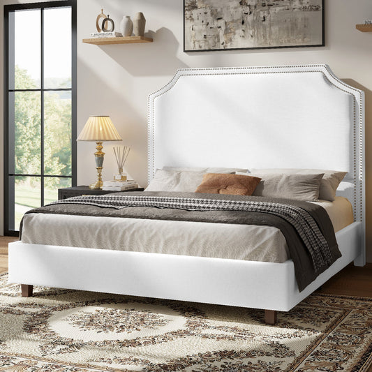 Bed Frame Upholstered Platform Bed Frame with Curved Headboard and Nailhead Trim