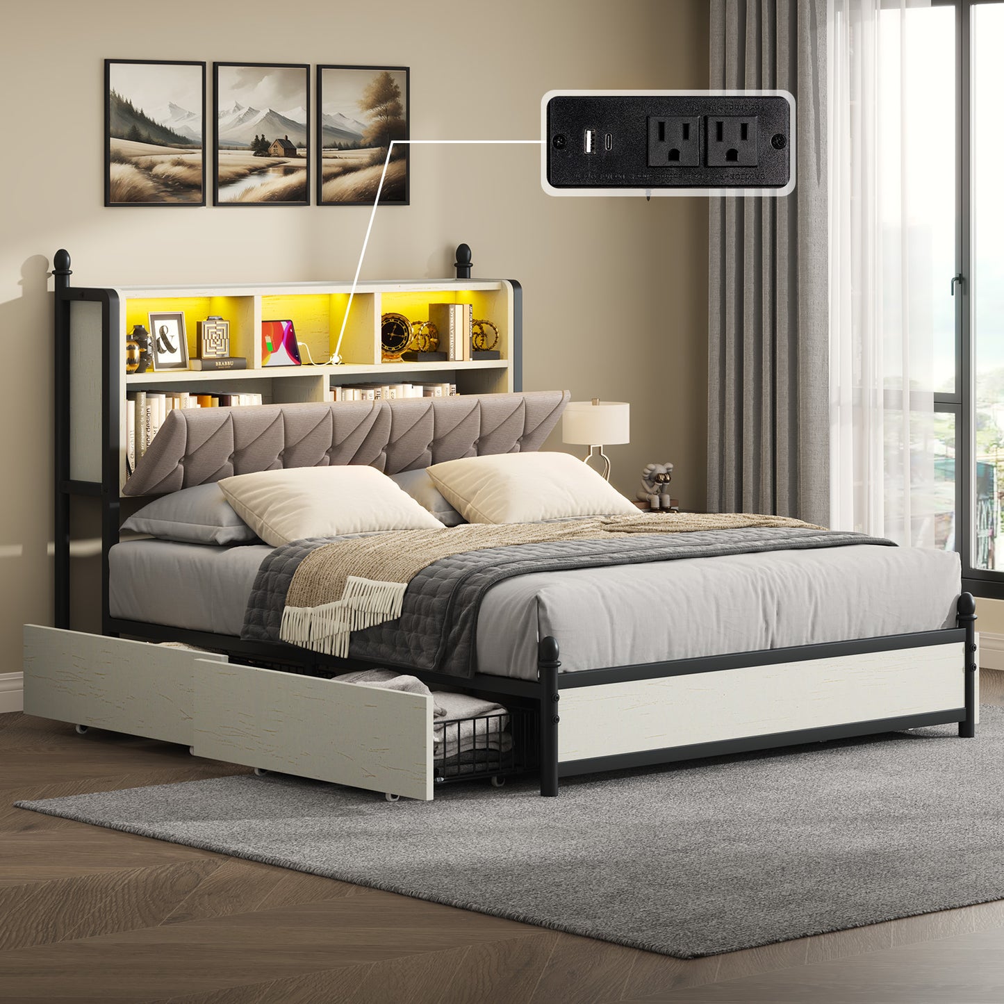 Bed Frame with Bookcase Headboard and 4 Storage Drawers, Wooden Platform Bed with Charging Station and LED Light, No Box Spring Needed/Noise-Free