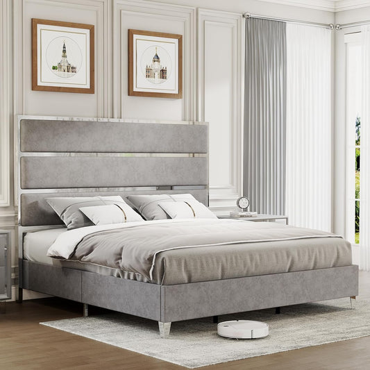 Bed Frame with 59" Headboard, Upholstered Platform Bed with Silver Mirrored Trim, Velvet Bed with Channel Tufted, Chrome Finish/Wood Slats