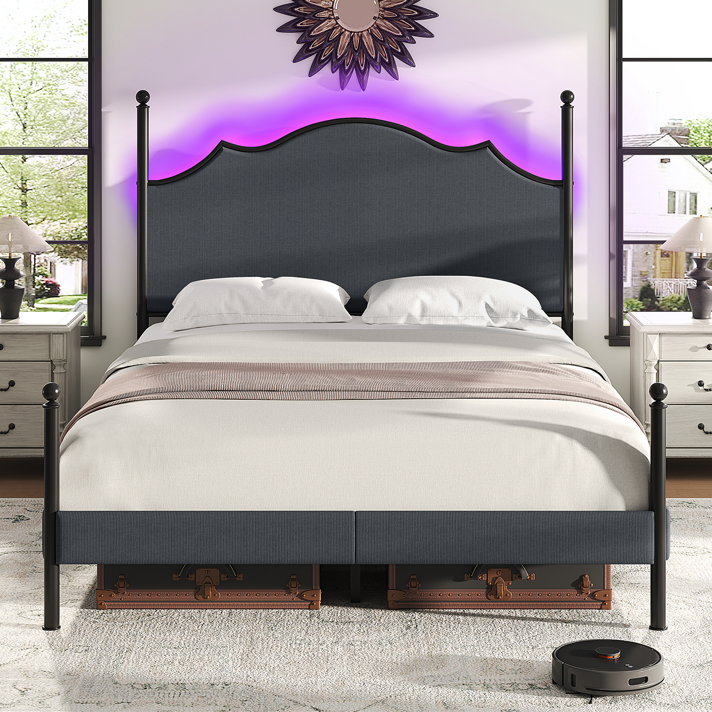 Upholstered Full Size Bed Frame with 51.2" Tall Headboard, Metal Four Poster LED Beds for Bedroom, Easy Assembly, Wooden Slats