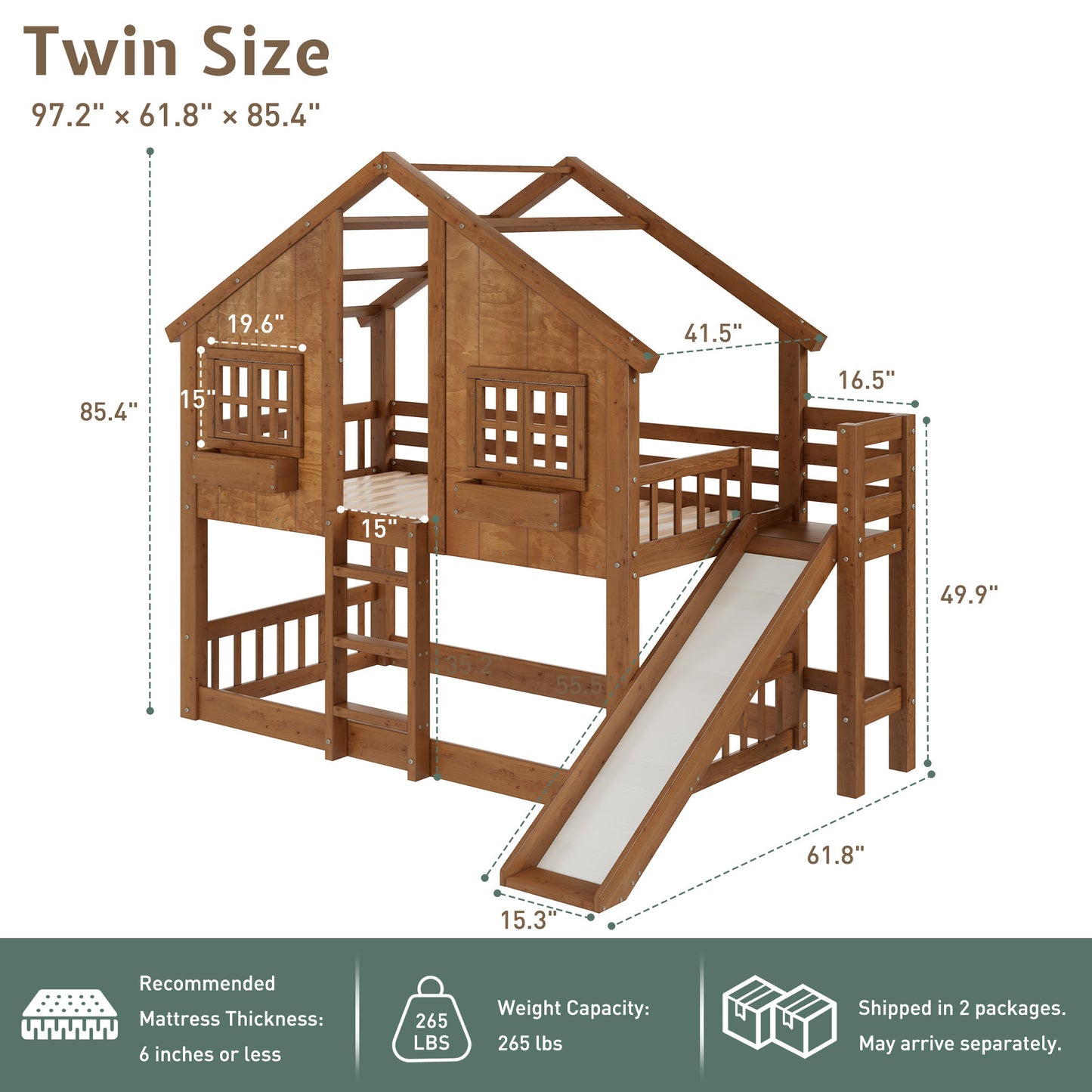 Jocisland House Bunk Bed with Slide and Ladder, Solid Wood Frame, Window Box Shelf, 14" Guardrail, Underbed Area for Mattress or Play
