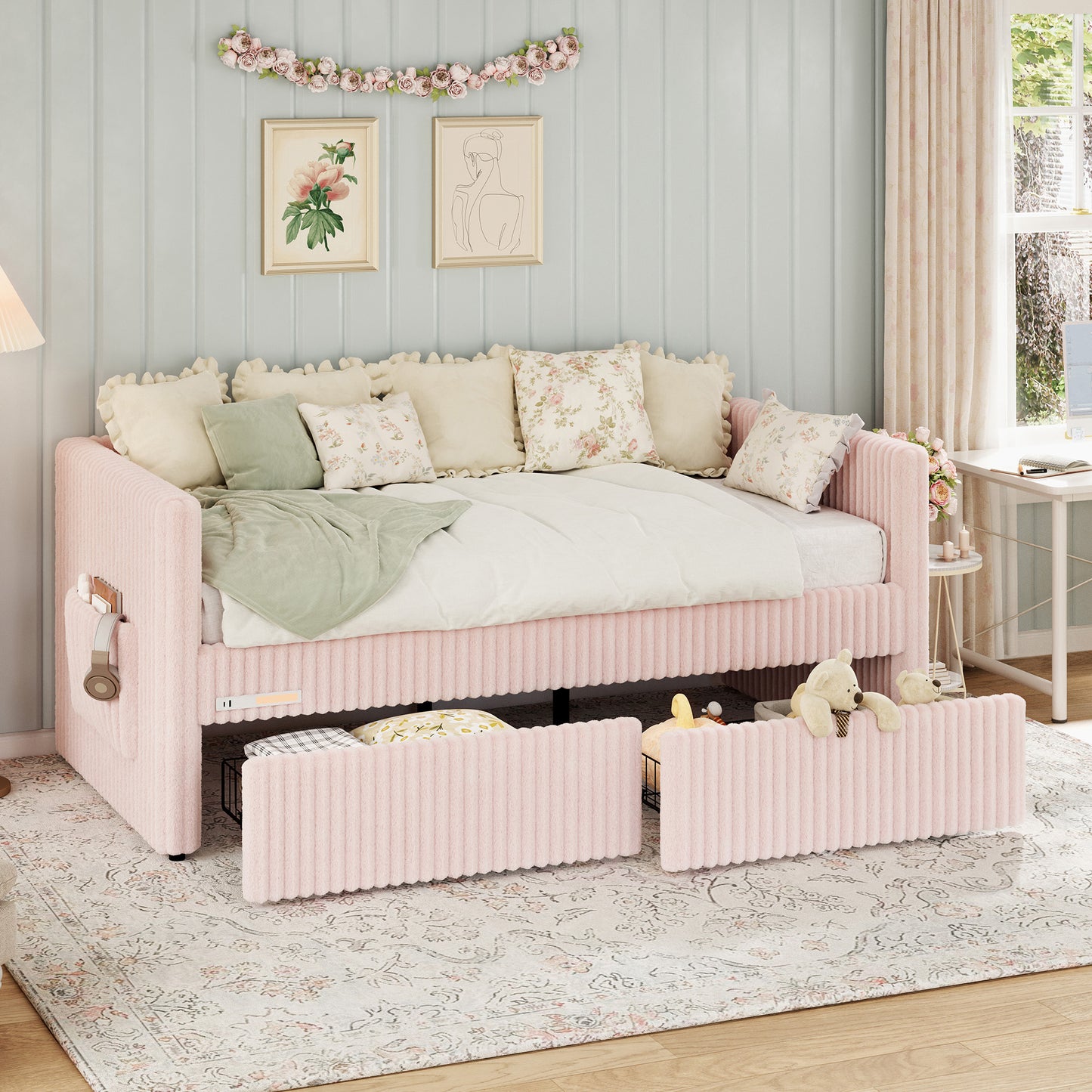 Jocisland Twin Size Corduroy Daybed with 2 Storage Drawers & Bedside Pockets, Upholstery Sofa Bed With Charging & Night Light, Easy Assembly, No Box Spring Needed, for Living Room, Bedroom