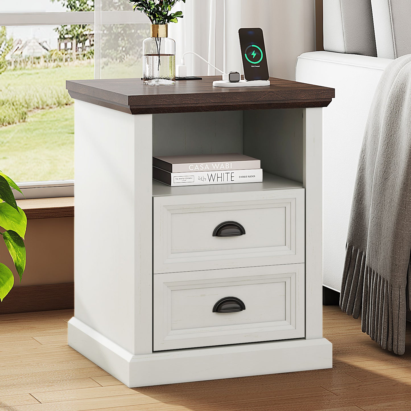 Nightstand with Charging Station,Farmhouse End Table with Two Drawer& Open Shlef,Side Tables with USB Ports & Outlets for Bedroom, Living Room, Closet