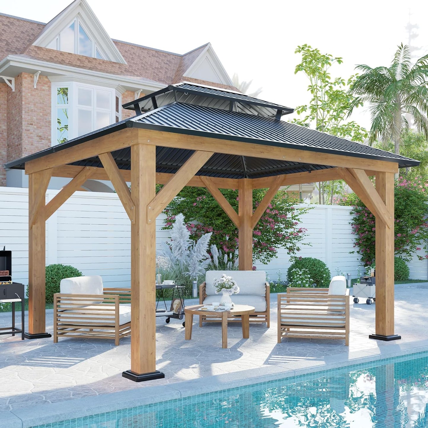 Jocisland Wood Gazebo, Hardtop Gazebo with Aluminum Double Roof, Outdoor Gazebo with Wood Frame for Parties, Backyard, Lawns, Patio, Black + Natural Wood